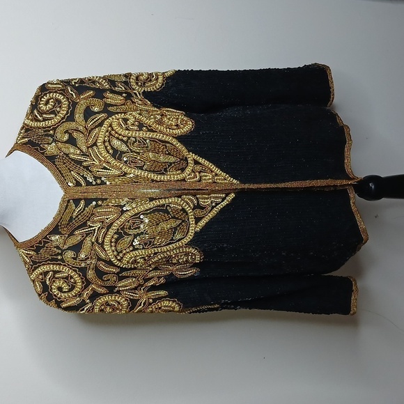 Rina Z  black and gold beaded 100% silk cover jacket size medium - Picture 1 of 16